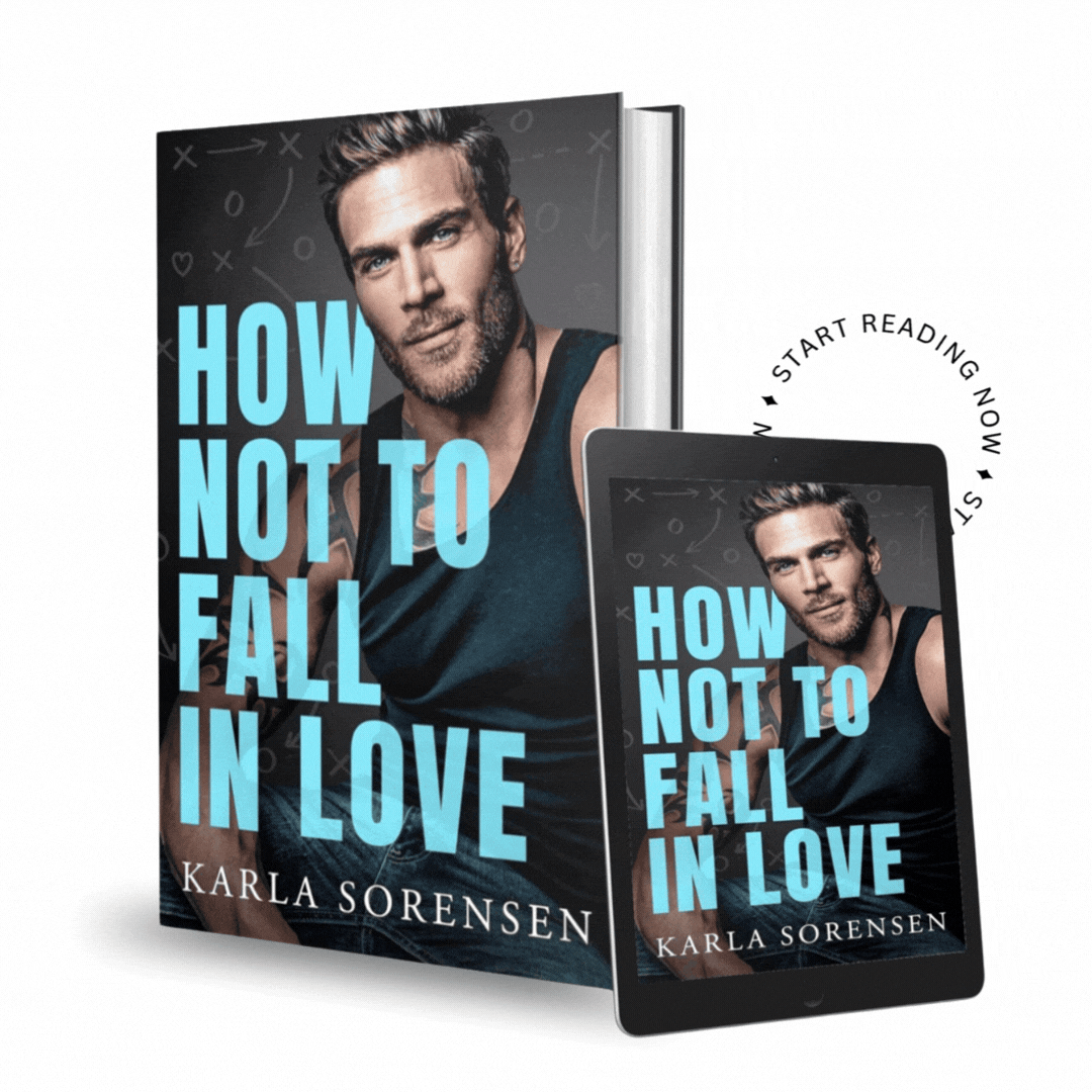 Book cover and tablet displaying the cover of 'How Not to Fall in Love' by Karla Sorensen, featuring a portrait of a man with a beard, wearing a tank top, set against a background with sports strategy markings. The book cover has large blue text, and the tablet shows the same cover.