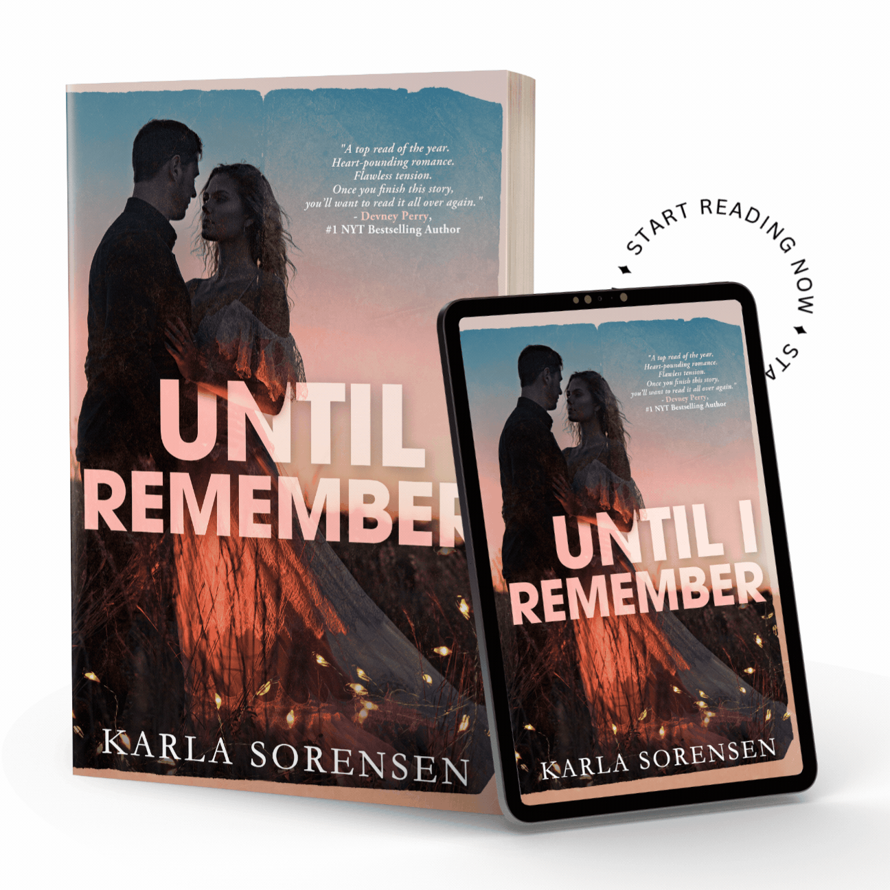 Cover image of the book 'Until I Remember' by Karla Sorensen, showing a man and woman embracing in a field with a pink sunset behind them, and soft white lights in the foreground below them.