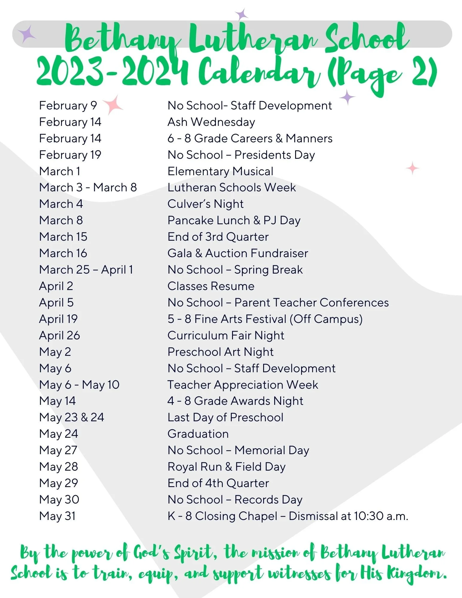 2023 - 2024 Calendar Overview — Bethany Lutheran School