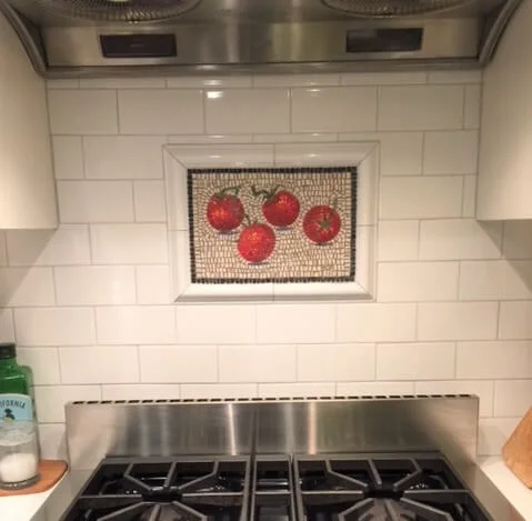 Dancing Tomatoes backsplash insert - marble and smalti glass