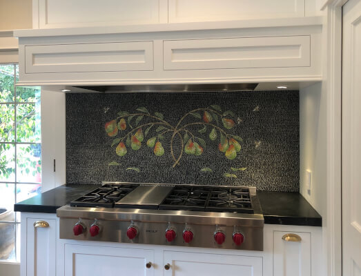 Pear branch mosaic backsplash by Katherine Forst Mosaics