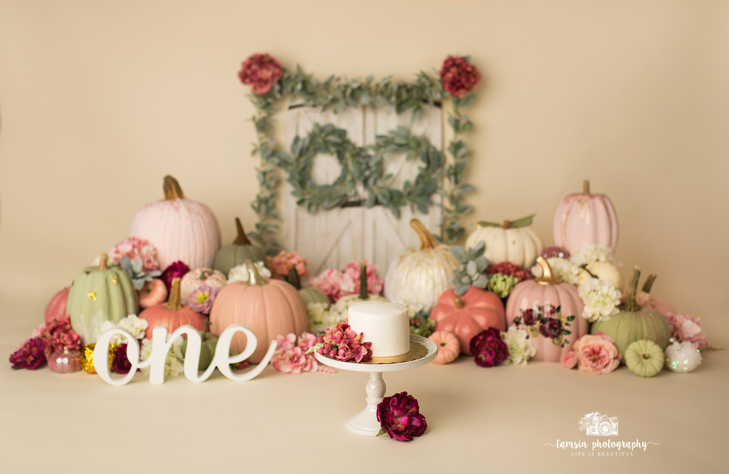 Pumpkin cake smash scene fall autumn girls pink rose Tamsin.jpg