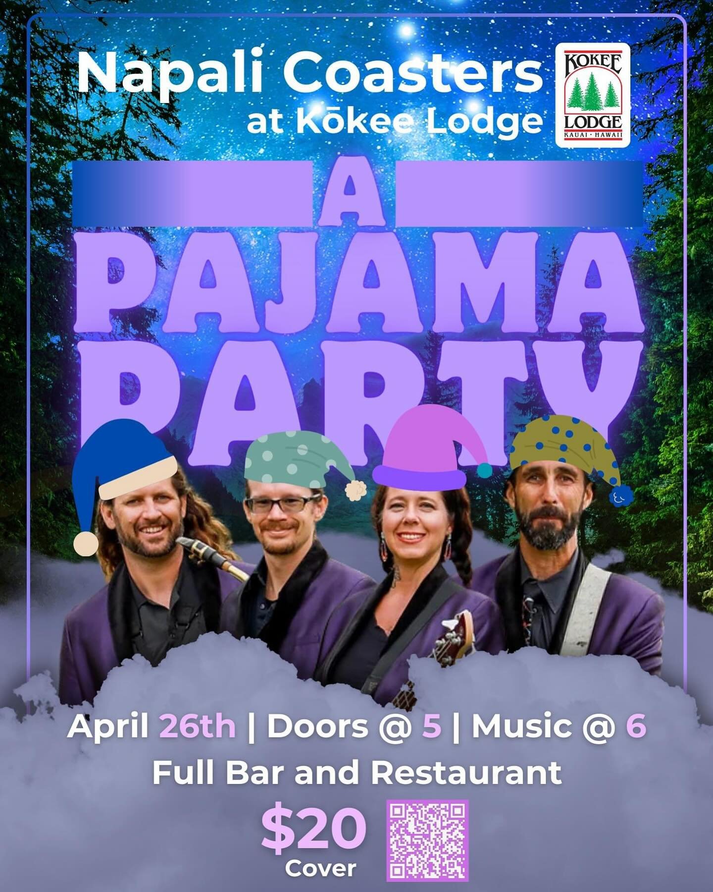 ✨Napali Coasters return to the Kōkeʻe Lodge✨

Join us in a pair of your coziest PJs for an evening in the meadow with music by Kauai&rsquo;s Napali Coasters, delicious food, and a fully stocked bar! 🎶🍽️🍹

📅 April 26th
🚪 Doors open at 5 PM
🎵 Mus