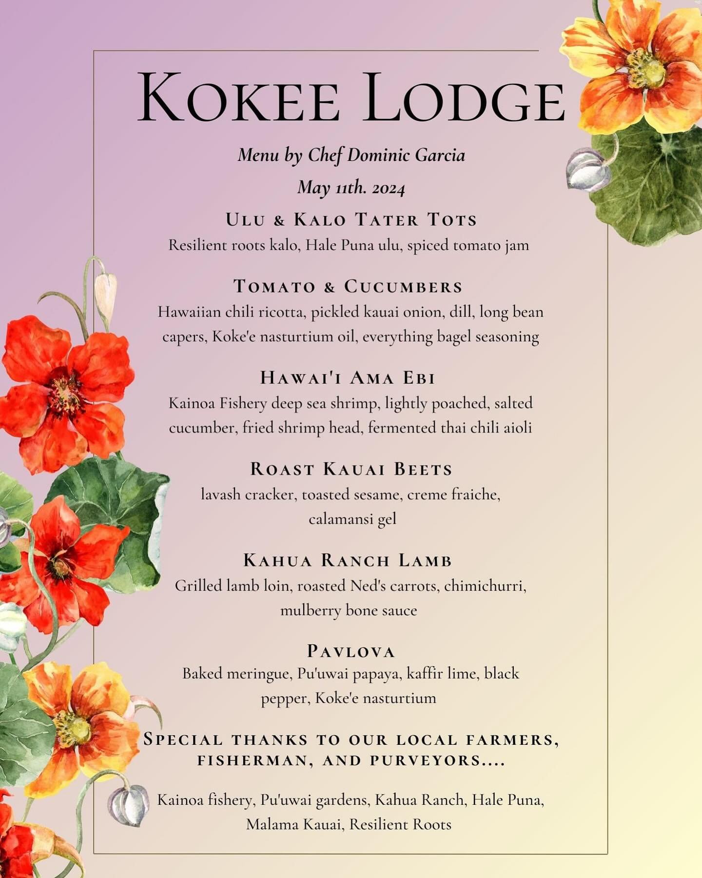 🌲Dinner at the Kōkeʻe Lodge, May 11th🌲

Escape to a hidden gem in the meadow for a 6-course dining experience, curated each month by Chef Dominic @hiii_dom , showcasing the best of local flavors and seasonal ingredients 🏔️

Special thanks to our l