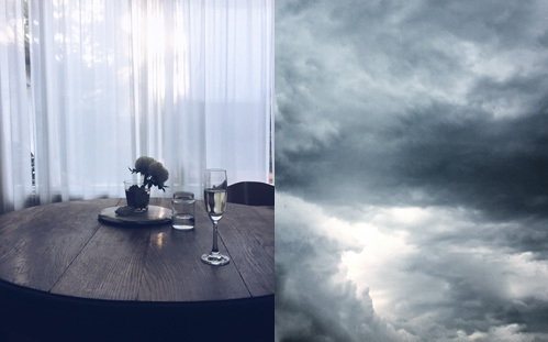 Left: our home at dusk, after dinner and little one is asleep. Sparkling wine I poured myself at dinner time has now gone flat and slightly warm. Right: the sky after a huge rather frightening electrifying storm, the clouds parted and the light that came through was breathtaking. ...................................................................................................