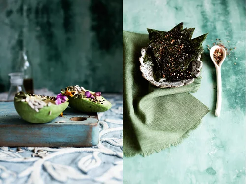 Vitamin E: avocodo topped with seeds, wheatgerm oil and edible flowers. Vitamin B12: homemade nori chips