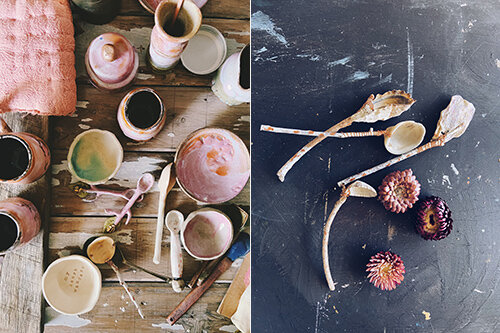 Props galore, all made by hand: pink pin cushion made by my great grandmother, Vera, tea set by Peacharoo, spoons by Erins Window and the little My Hearts Wanders dish by Paper Boat Press. On the right, shell spoons made by me using found beach shells, twigs and copper wire.