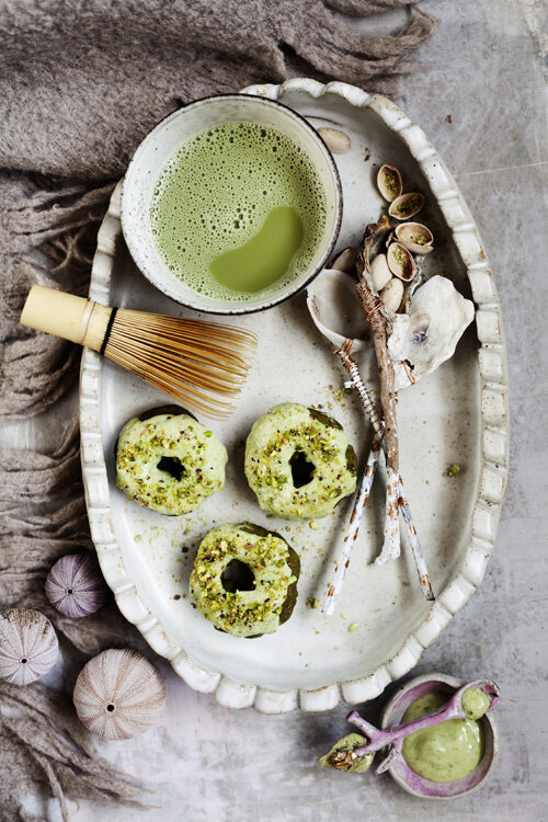 Mini Matcha Donuts! Ceramic platter made by me, dishes by Peacharoo, whisk from Organic Merchant.
