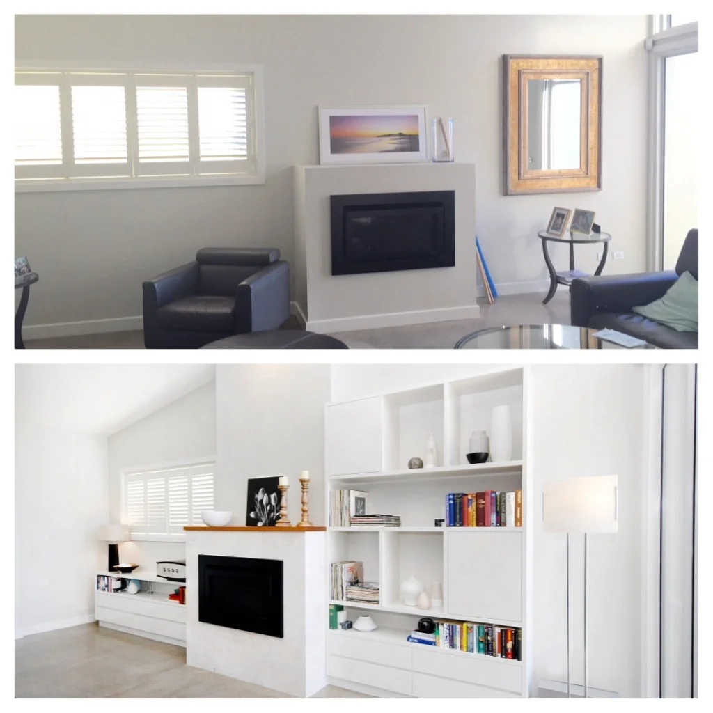  This photo shows the before and after - the fireplace was clad in natural limestone, a flue box was built above the fireplace and custom joinery was built around the fireplace. This created a focal point in the room as well as providing plenty of st