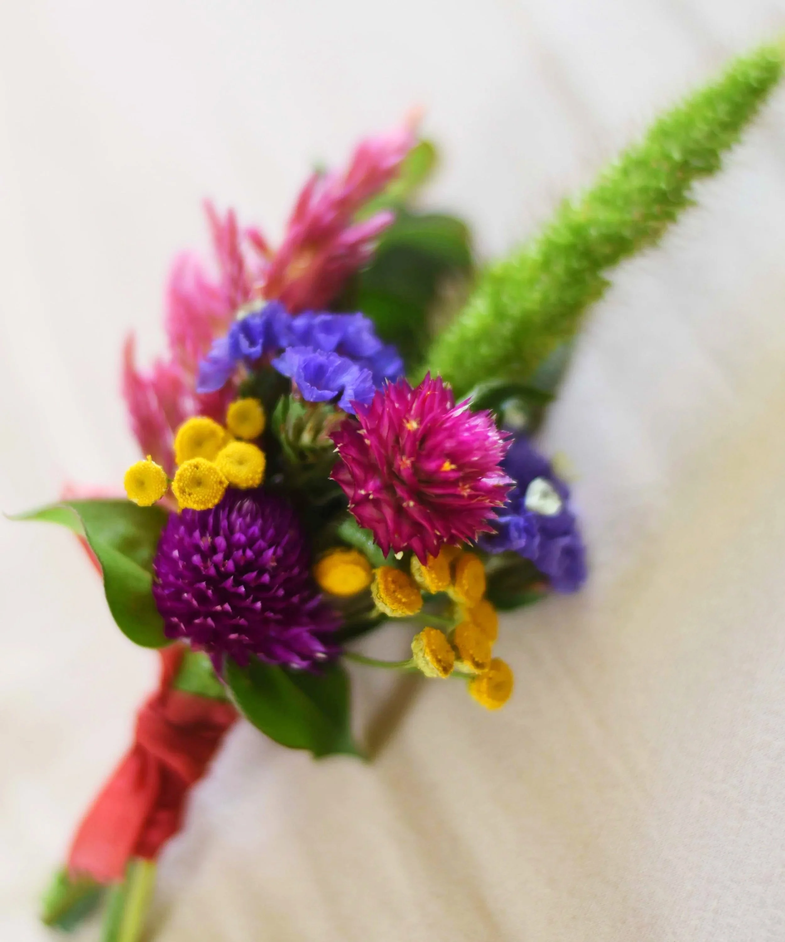 Colorful boutonniere with pink, yellow, purple and green flowers
