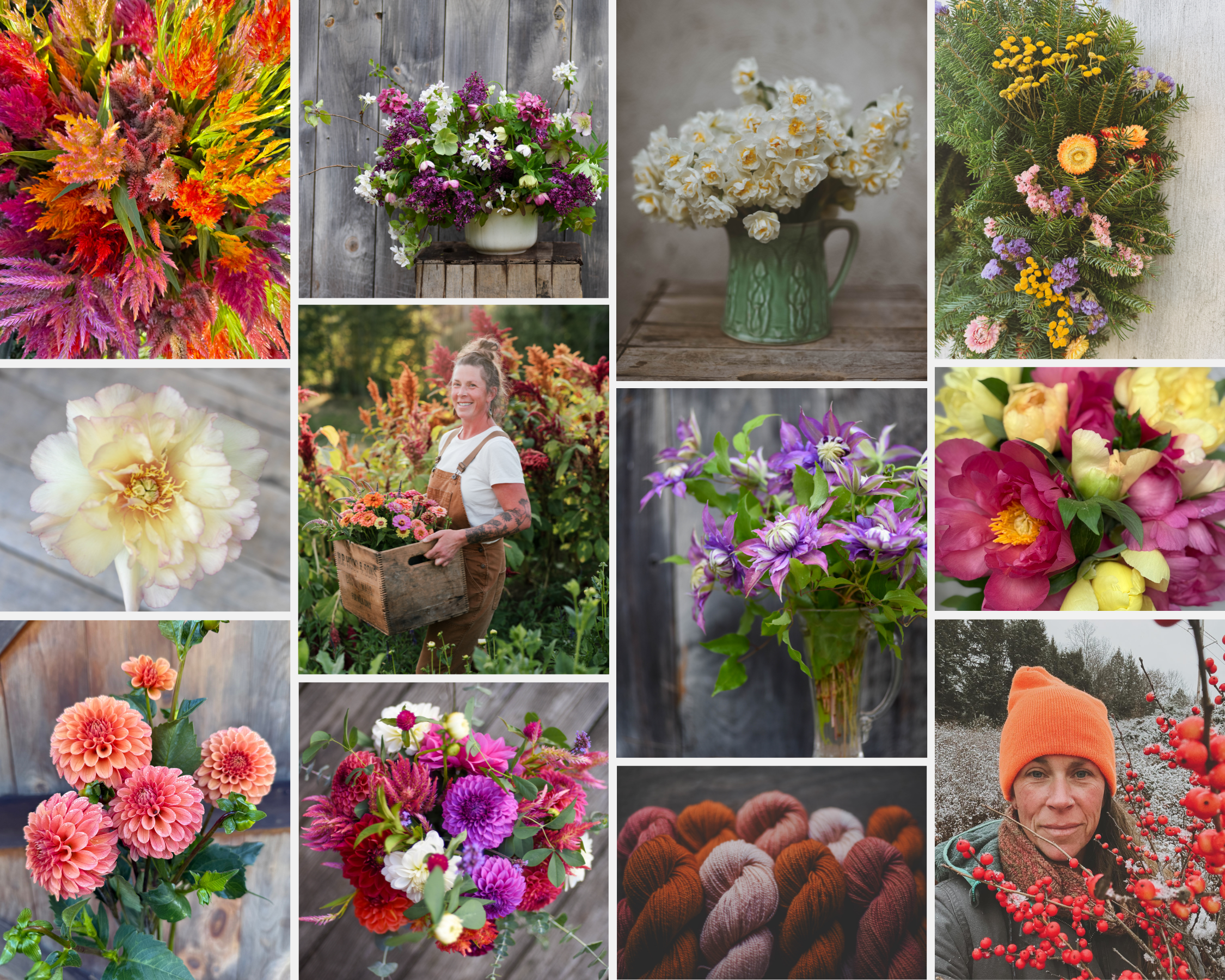 A collage of images from the farm with colorful flowers, arrangements, a woman farmer, wreaths and gardens.