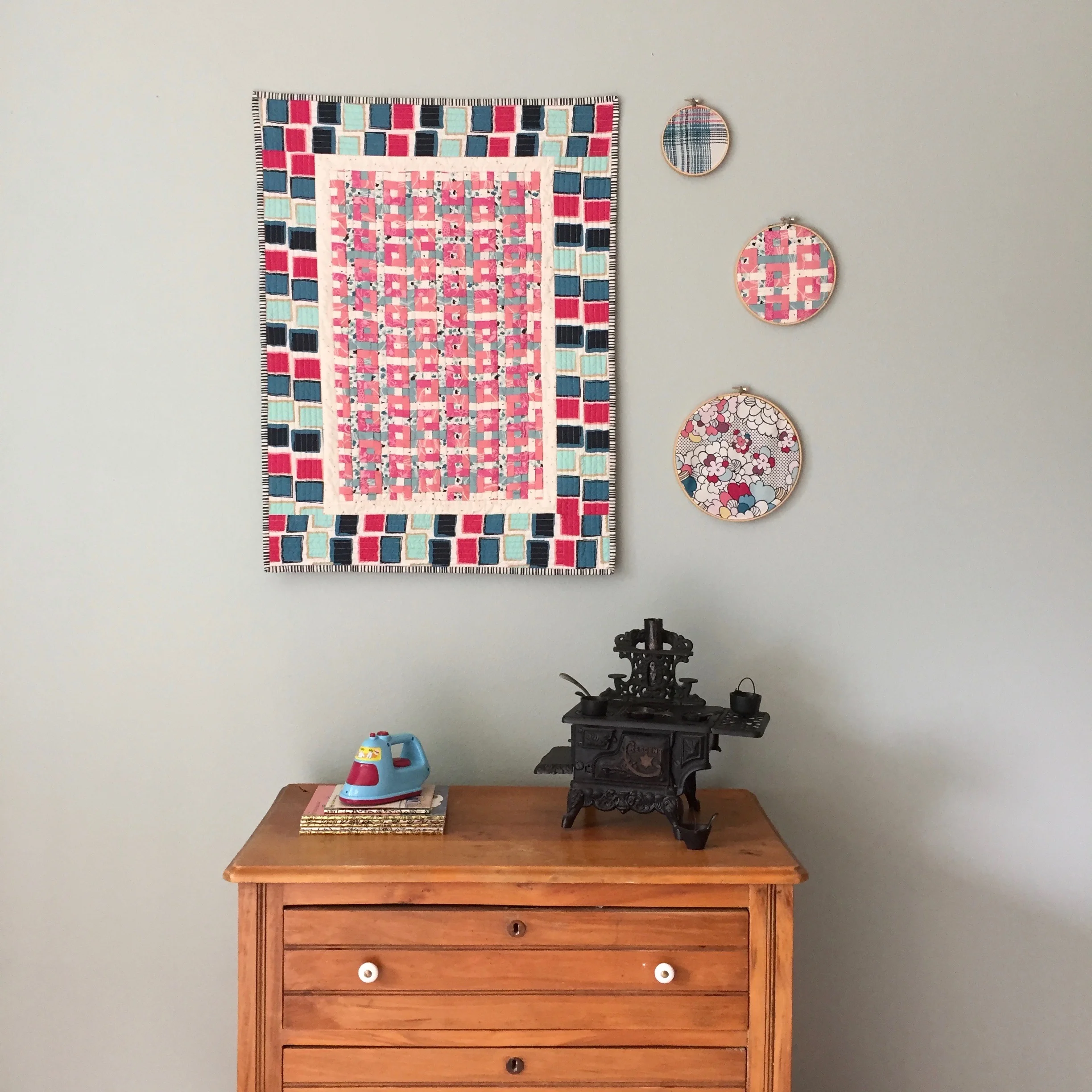 Mini quilt and hoop art made with Essentials II and Dare fabrics by Pat Bravo for Art Gallery Fabrics.
