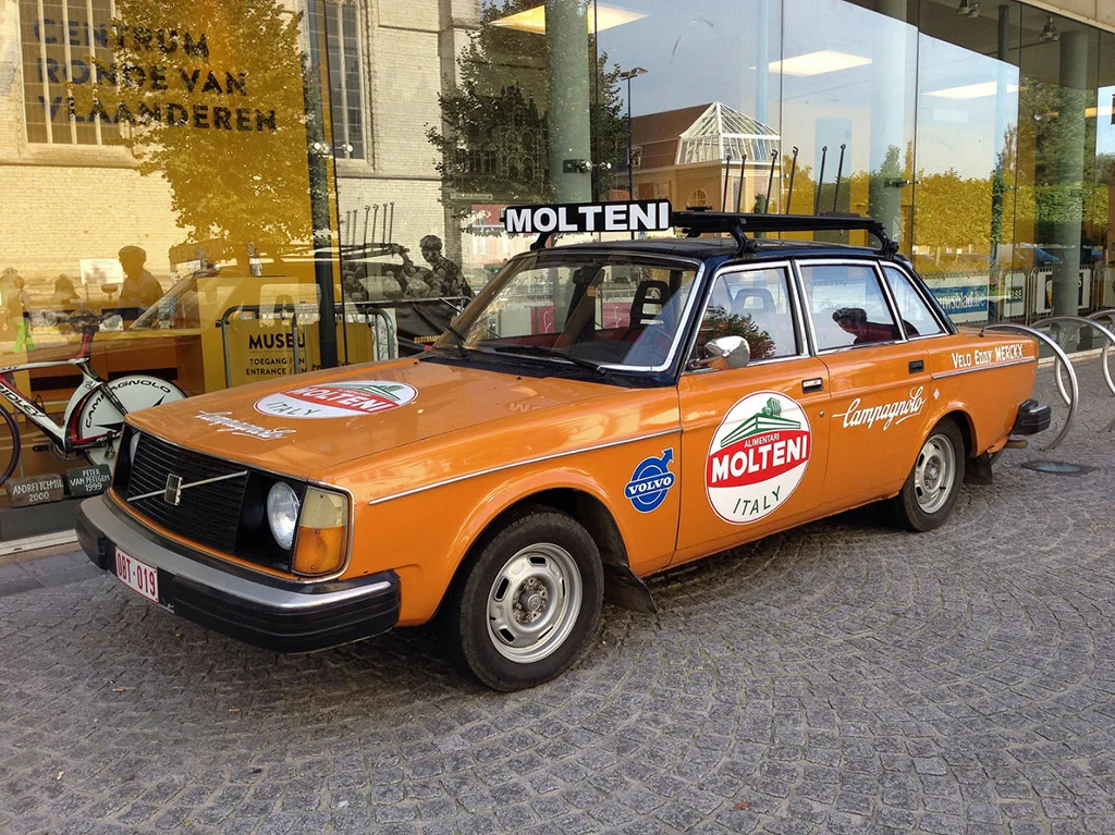 Eddy Merckx Molteni Volvo sits permanently outside the Tour of Flanders Museum in Oudenaarde