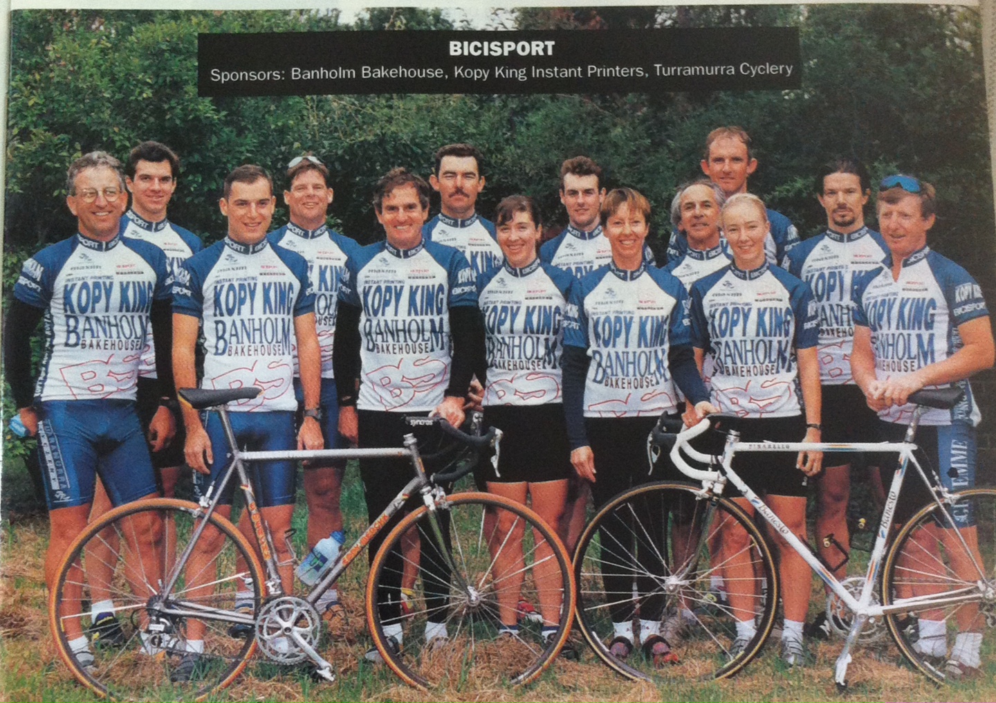 BiciSport was established in 1995 with the club name & logo taken from the Italian "BiciSport" magazine. The original primary sponsors were Banholm Bakehouse (at St Ives), Kopy King & Turramurra Cyclery. The 1995 team photo was taken at St Ives. 
