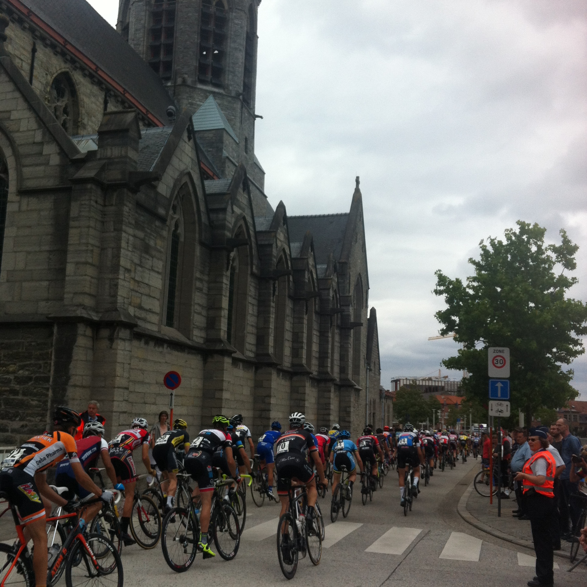 Passing the Deinze Church just after the finish line ... prayers won't help you with a 50kph+ average speed