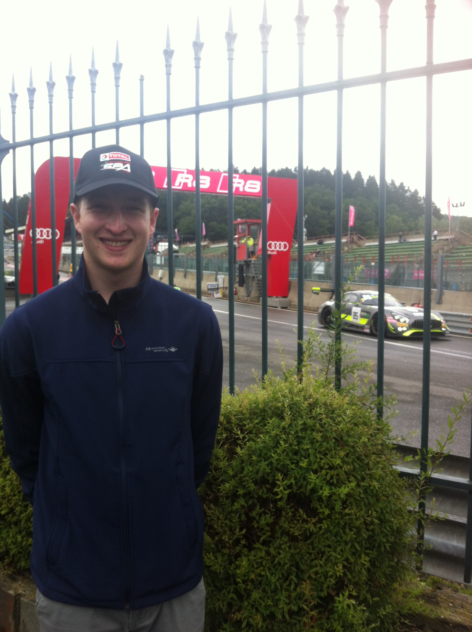 Conor at Spa Francochamps Motor Racing Circuit in the main Paddock as Le Mans style cars leave the pits for Eau Rouge & Kemmel Straight.