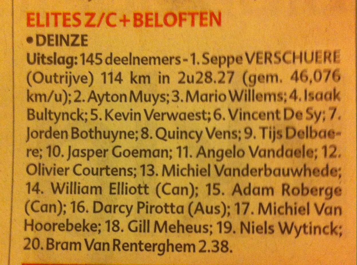 Deinze results in Het Niewsblad the next day with 145 starters at an average speed of 46.1kph !!! for 114k. Couple that 46.1kph with 11 corners per lap (full gas) and that amounts to 154 micro sprints plus the racing in between the micro sprints . 