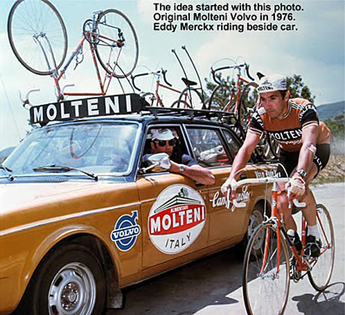 The only thing that saved the Volvo from the recycling bin was that is was attached to the greatest cyclist of all time. An Italian sponsor, a Belgian team and a Swedish car with a dark brown colour scheme. Somehow it worked.