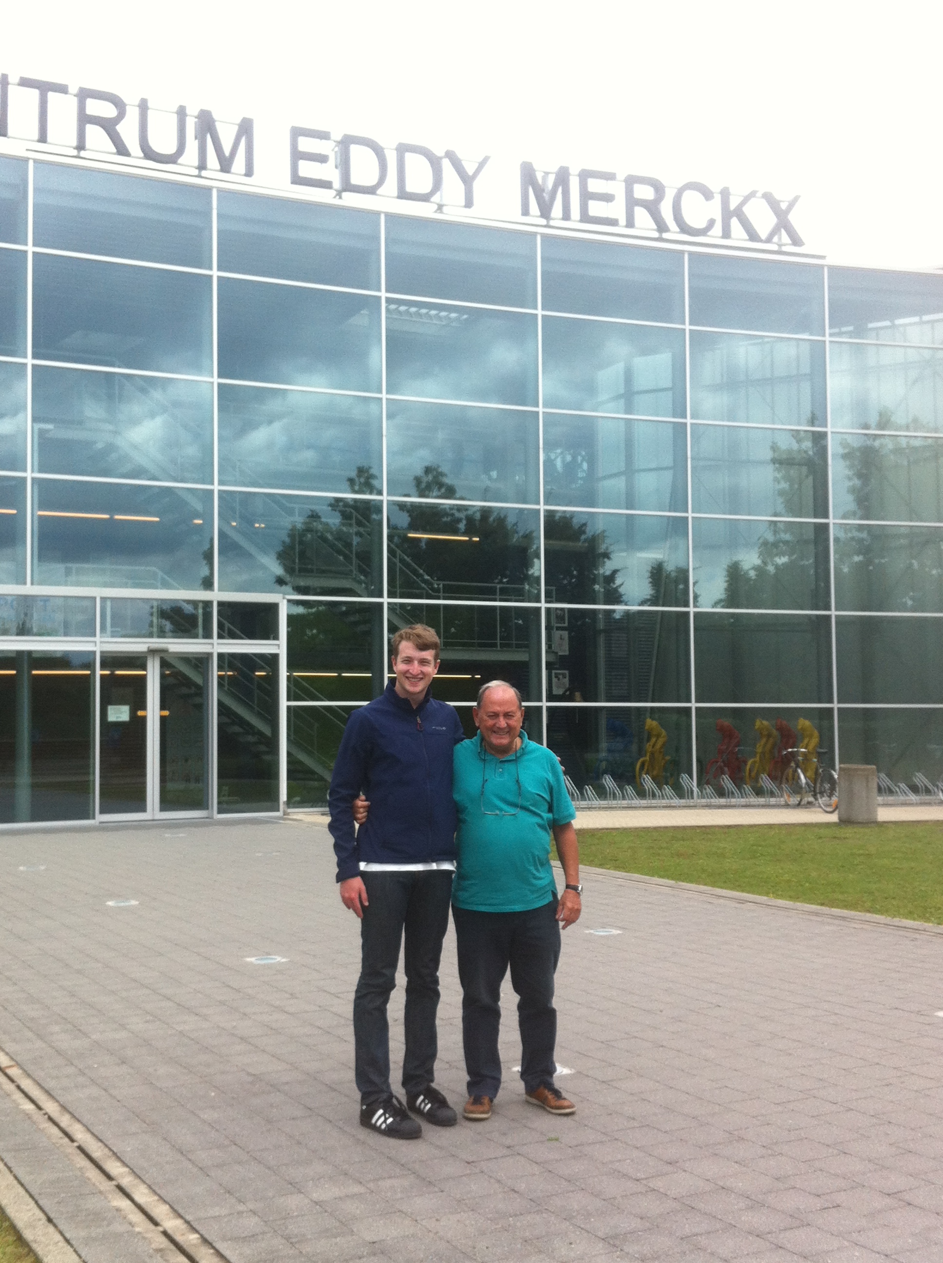 Conor Tarlington (BiciSport) with Eddy Verbust at the Eddy Merckx Velodrome in Ghent