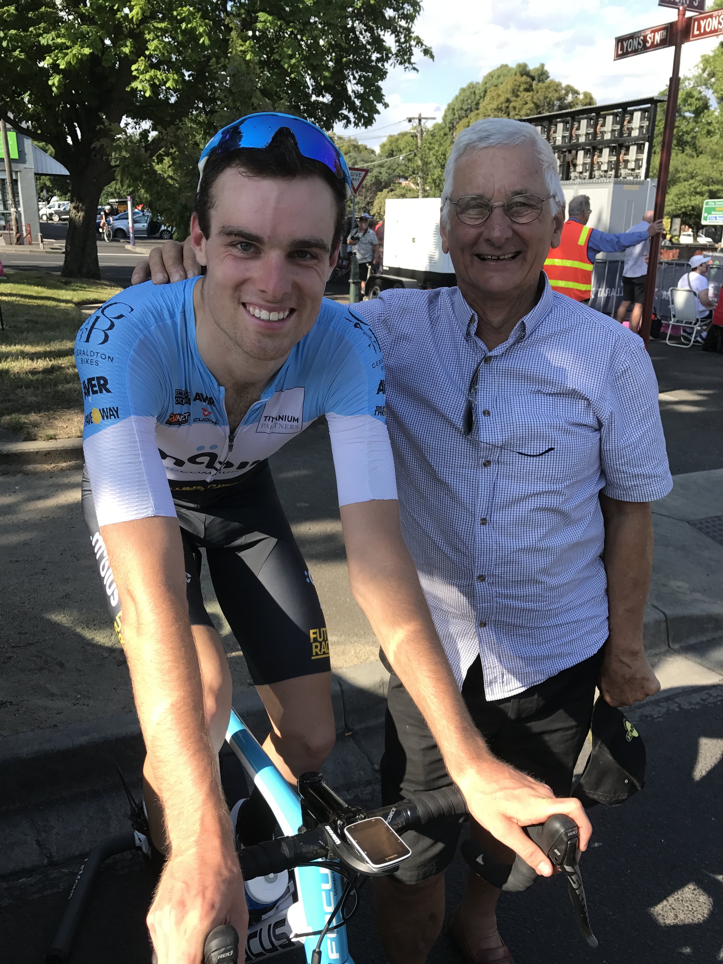 Ballarat 17 - Peter Livingstone (BiciSport) and John Crouchley after the Under 23 Criterium