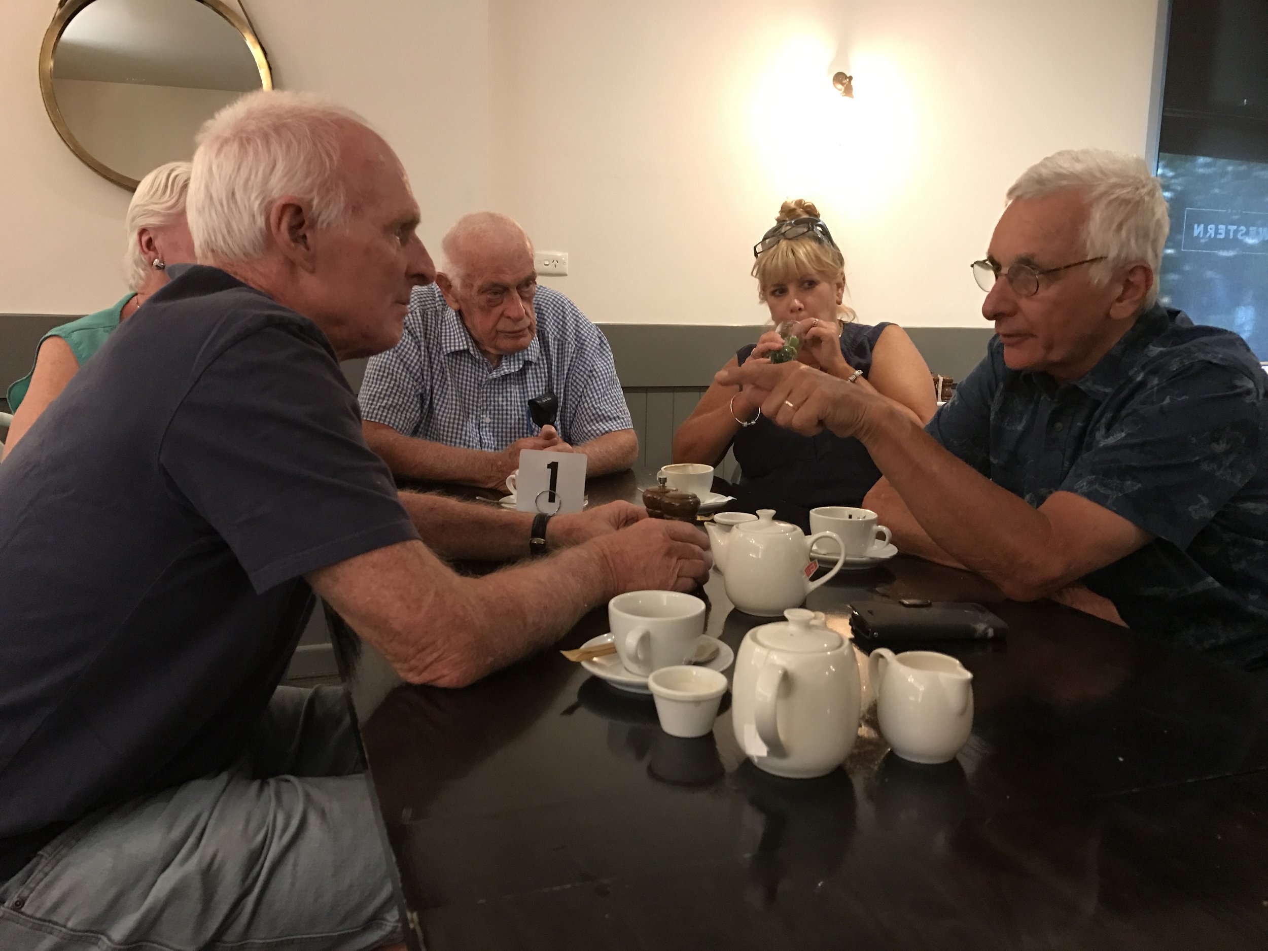 Ballarat 17 - Meeting of the wiser minds ... Ron Neiwand (father of Track legend Gary) meets John Crouchley (coach of Martin Vinnicombe) for the first time. This lively dinner discussion traversed the 1980's through numerous World Track Championships, Commonwealth & Olympic Games. Nobody else was game to stop these two chatting about all things track. Ron cradling the #1 seemed quite apt. It was a great dinner. 