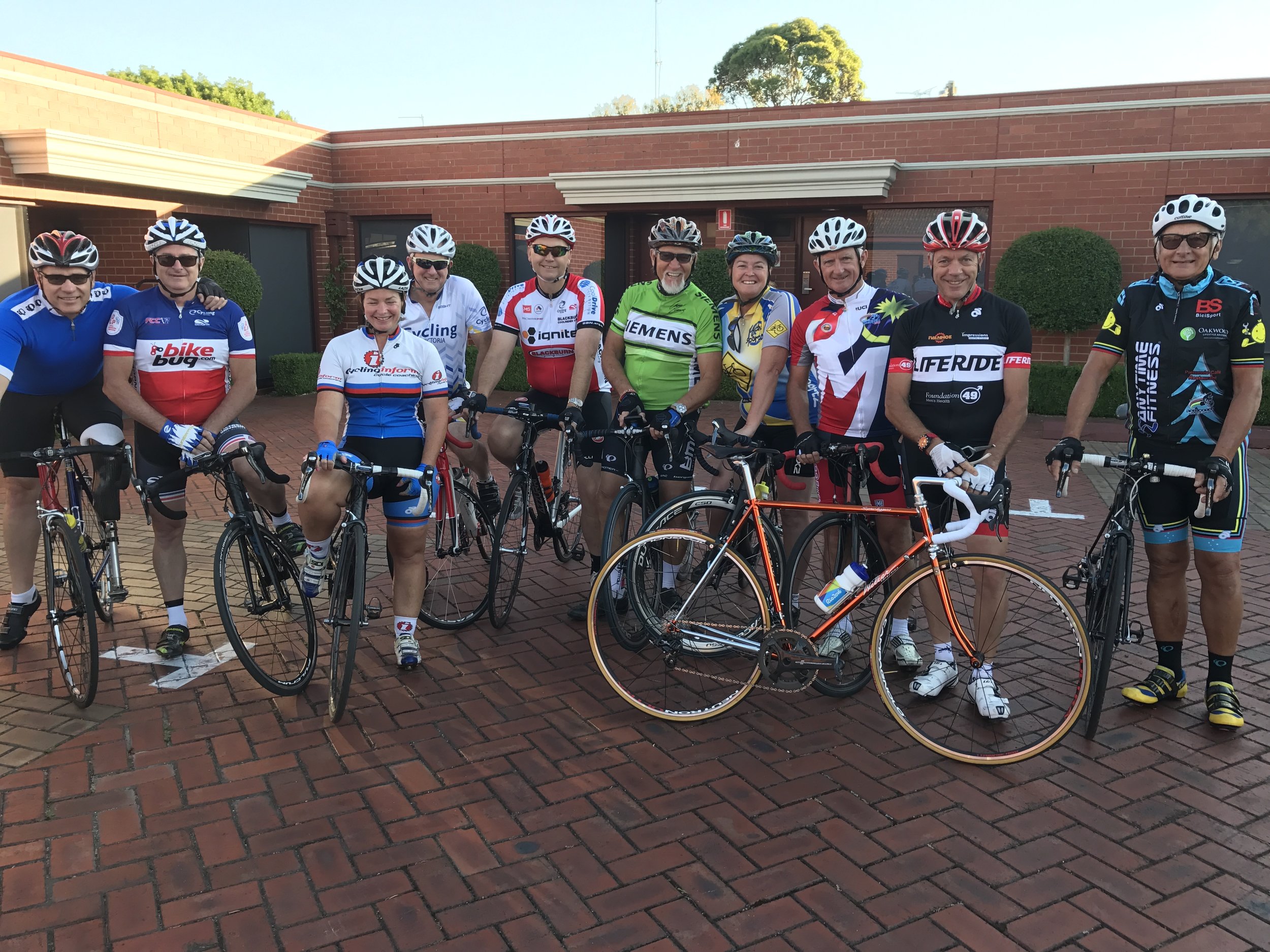 Ballarat 17 - Commissaires Grupetto Ride headed for Lake Wendouree. Alex Simmons (BiciSport) far left & John Crouchley far right. 