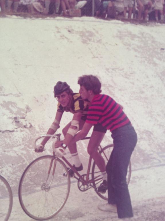 Canterbury CC Reunion - Moree Velodrome in the late 1960's with Mike O'Reilly pushing off Stephen Brooks in the handicap Wheelrace. The Moree Velodrome was in poor condition even then (note the decaying velodrome walls held together with chicken wire). 
