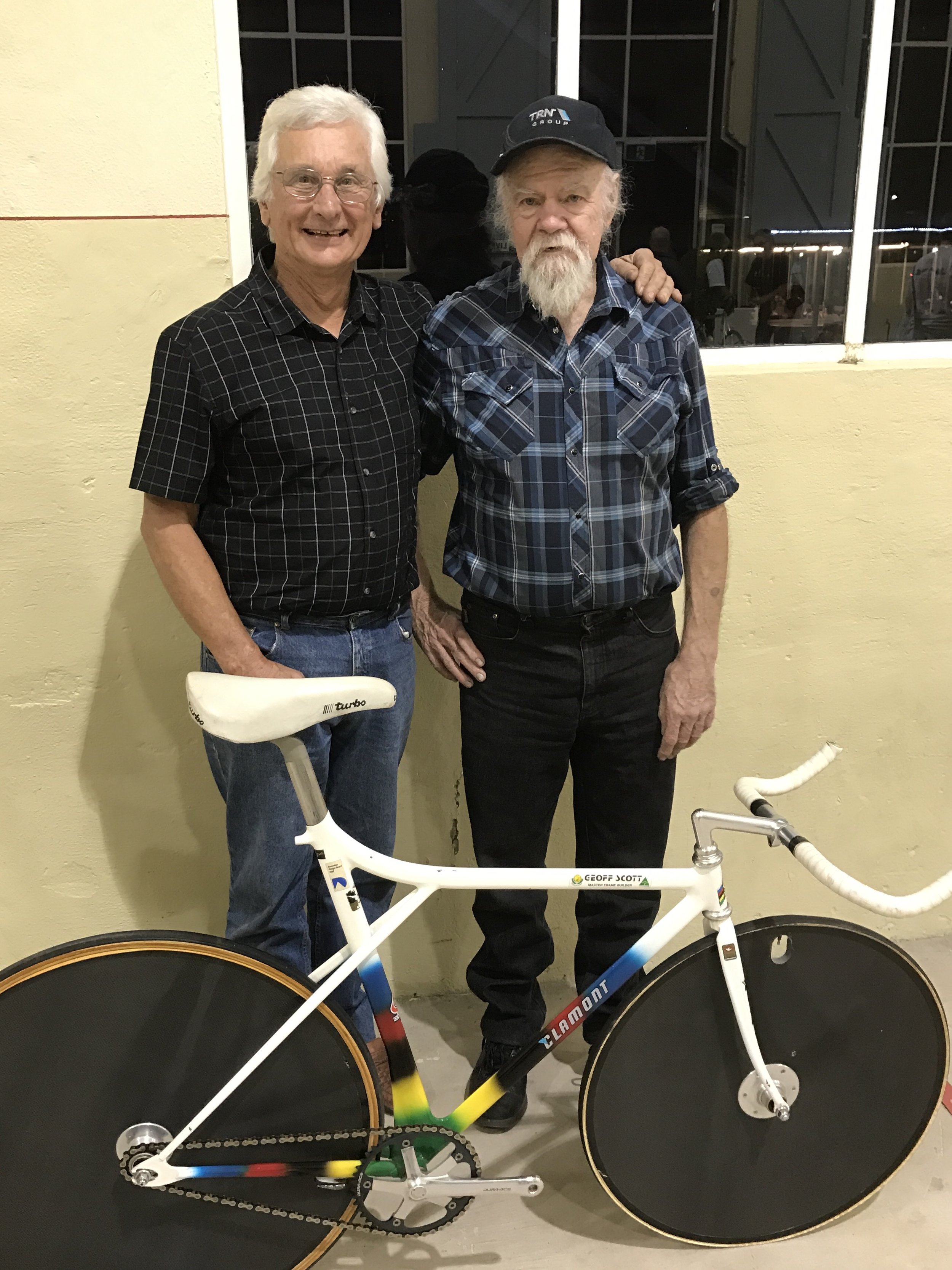 John Crouchley (BiciSport) with Geoff Scott & the Martin Vinnicombe Championship winning track bike. John Crouchley was the coach of Martin Vinnicombe . 