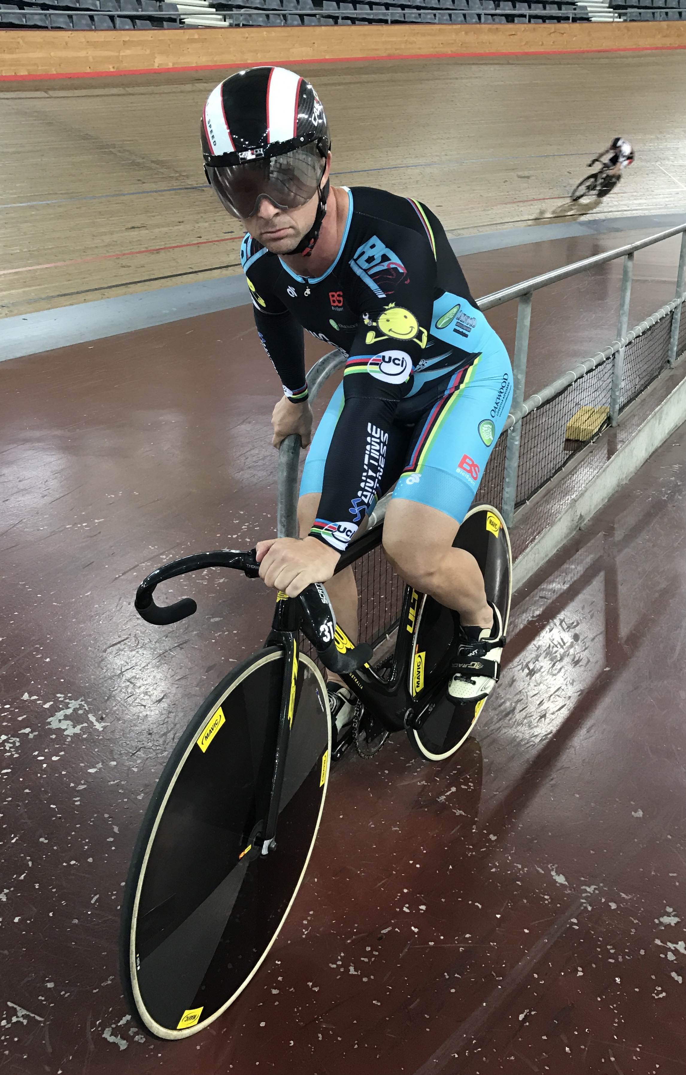National Masters Track 2017 - Mike Smith before the start of the Team Sprint where he took Gold. The bands around the sleeves denotes a reigning UCI World Champion from Manchester 2016. 