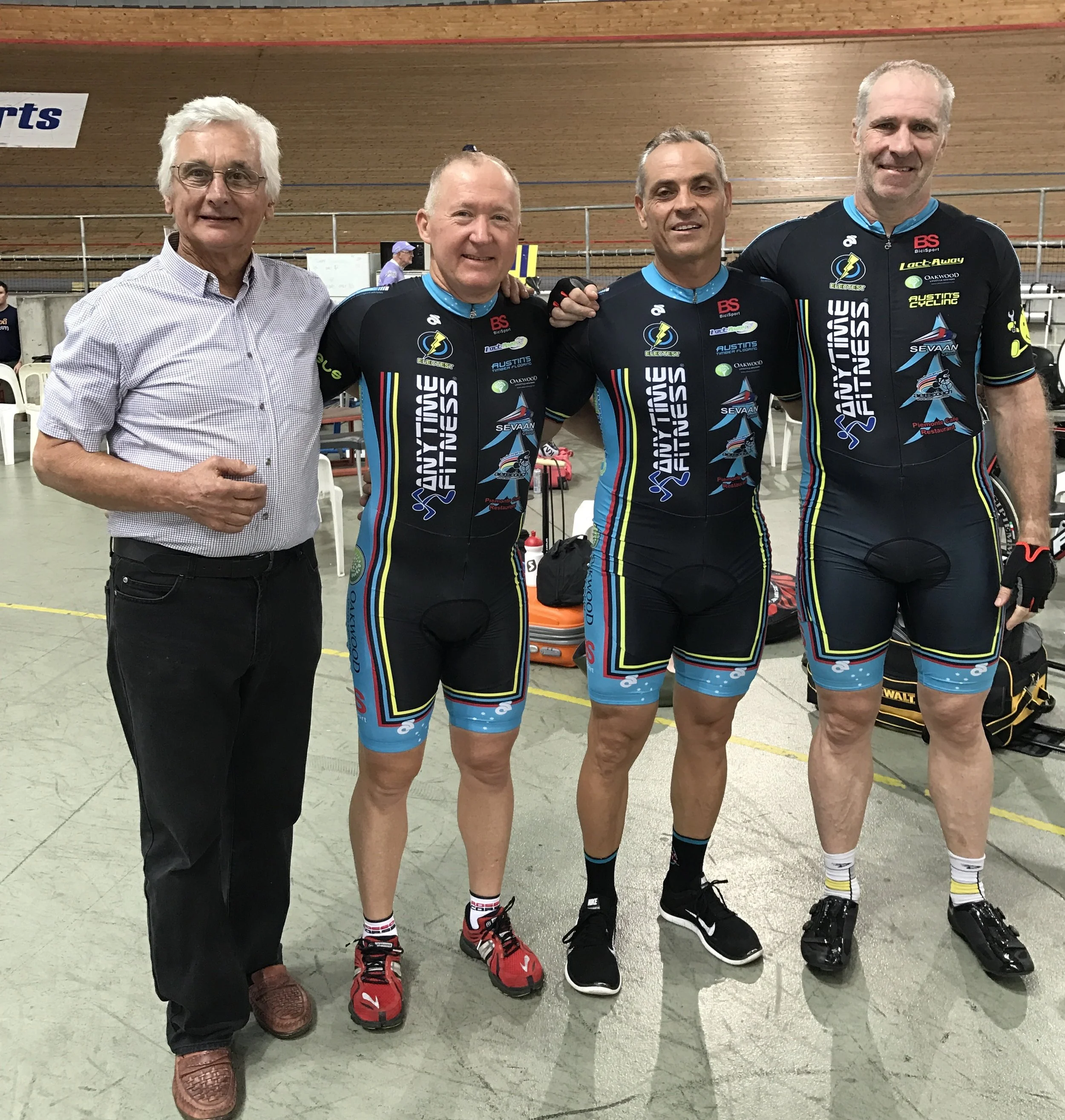 National Masters Track 2017 - BiciSport Team Sprint squad took 4th in a great ride. John Crouchley (Coach), Graham Cockerton, Dom Zumbo & James Thornton