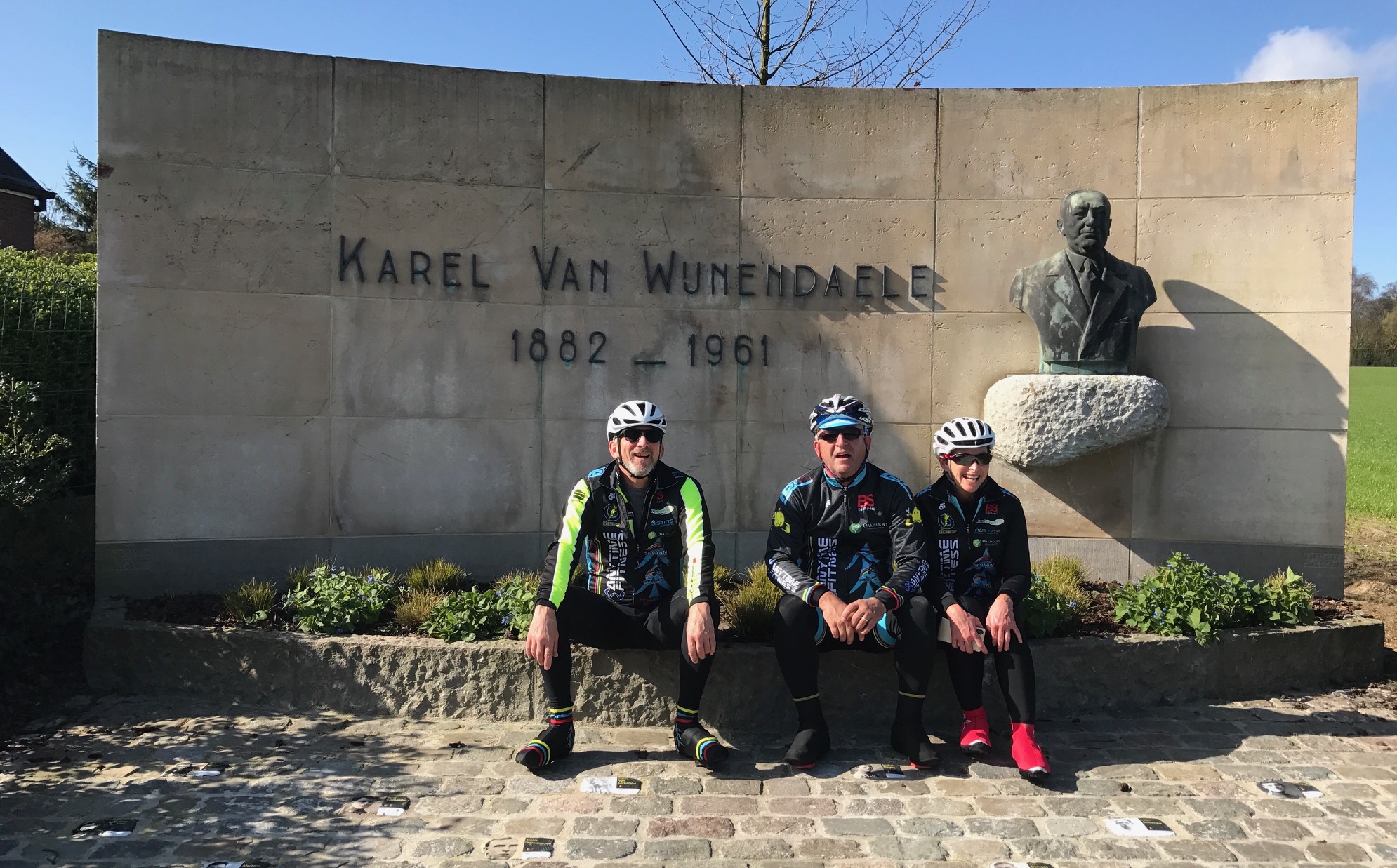 Flanders 2017 - Karel Van Wijnendaele conceived the Ronde Van Vlaanderen (Tour of Flanders) and a monument is dedicated to his memory at the top of the Old Kwaremont cobbled climb. The winners of each Ronde have their image on their own small cobble in front of the KVW monument. 