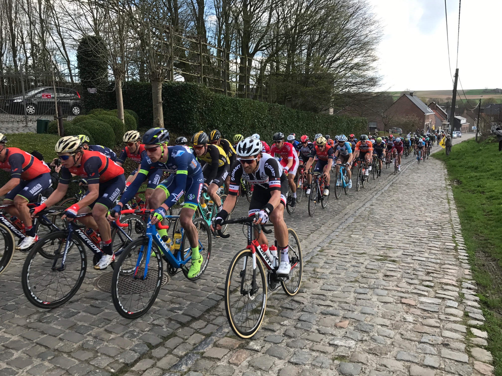 Dwars Vlaanderen 17 - The peloton hits the Eikenberg cobbles near Maarke Kerkem