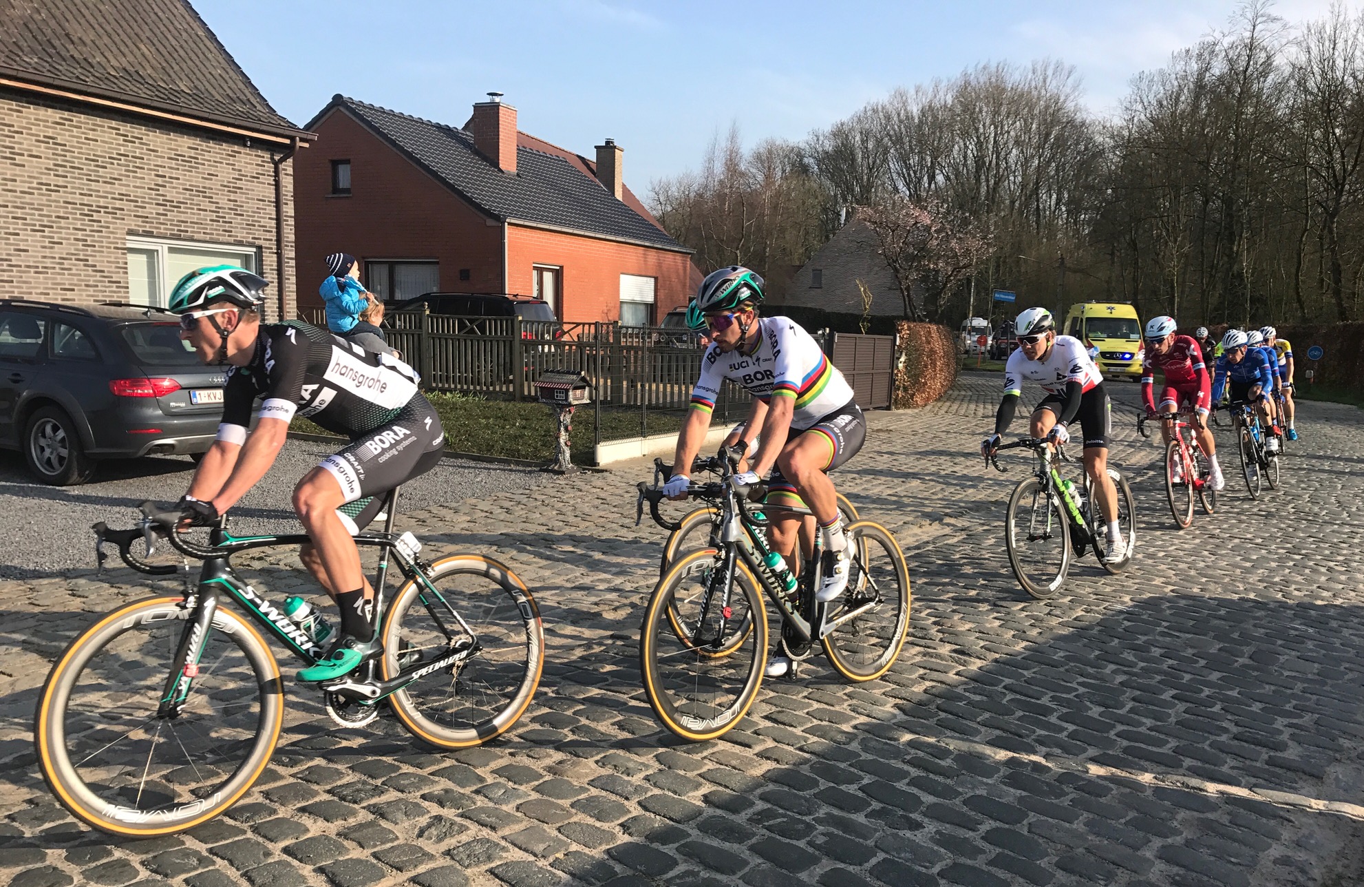 E3 Harelbeke 17 - Peter Sagan on the Avelgem cobbles heading for the finish