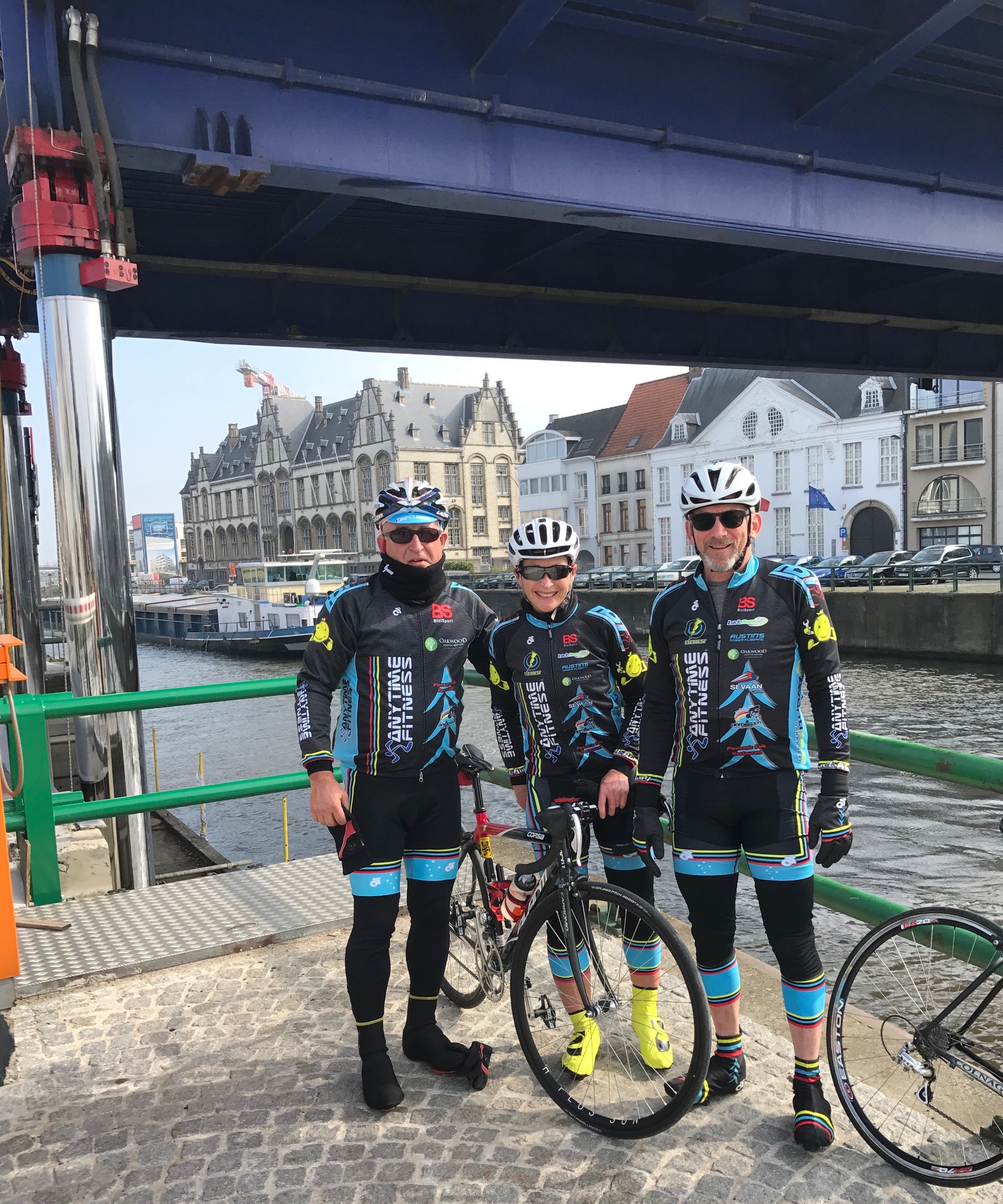 E3 Harelbeke 17 - A cold start to the E3 day via the Schelde River bike path. The return trip into Oudenaarde was briefly stopped as the Oudenaarde bridge was raised to let river barges pass through Oudenaarde.