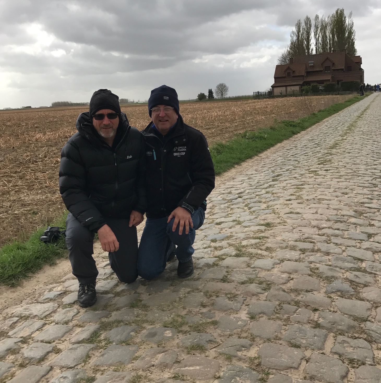 Paris Roubaix 17 - Recce on the Thursday before the classic is a chance to go to the Carrefour De L'Arbre cobbles and see the teams bounce over the stones. We arrived mid morning with 5 team buses waiting outside the famous Carrefour De L'Arbe Restaurant (in the background) but not a pro rider in sight. We waited for a while but alas no riders materialised so we then headed off to the Roubaix Velodrome for a coffee. There was a chilled wind blowing. 