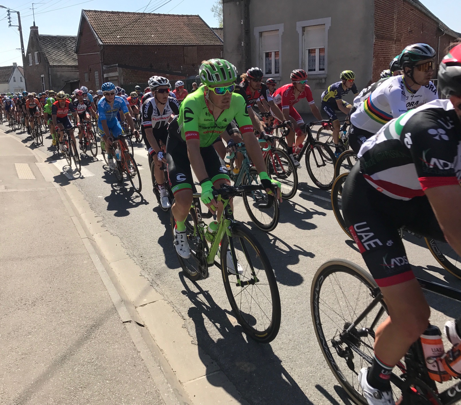 Paris Roubaix 17 - The BiciSport team headed for the small village of Viesly near Solesmes and the PR peloton entered from one side of the village then headed off towards the Quivey cobbles only to return to the other side of Viesly some 20 minutes later . 