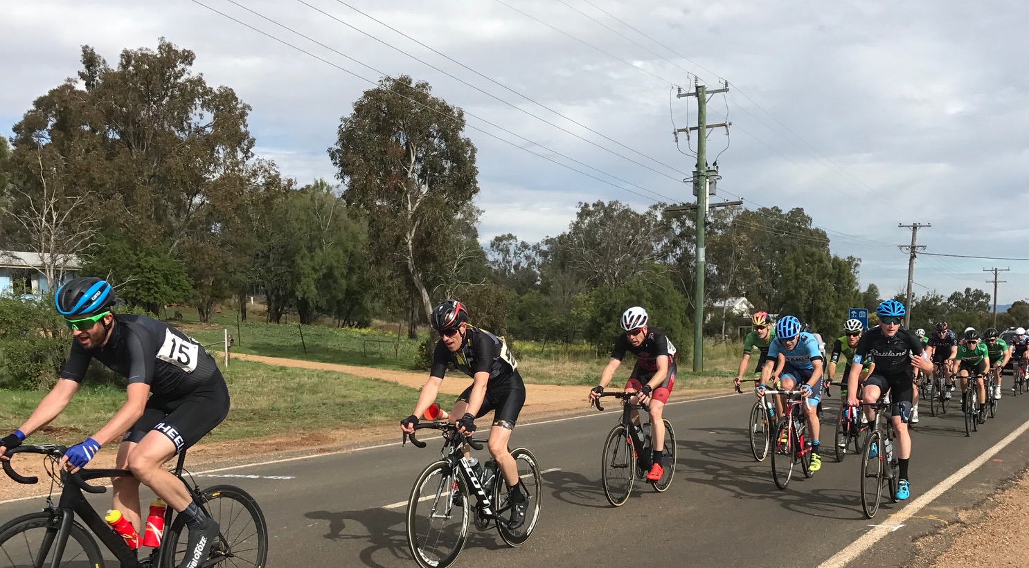 Coonabarabran Gunnedah 17 - Conor Tarlington (blue helmet blue shoes) in the lead group with 45k to the finish