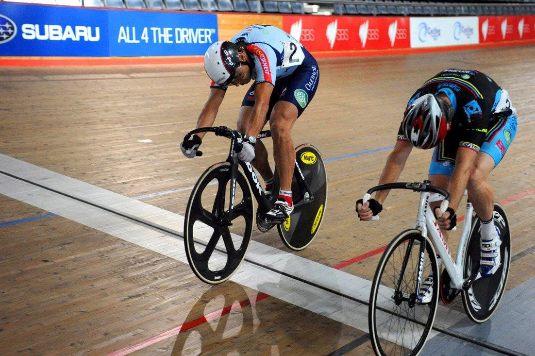 NSW Masters Track Championships February 14 - Peter Barnard & Geoff Baxter sprinting