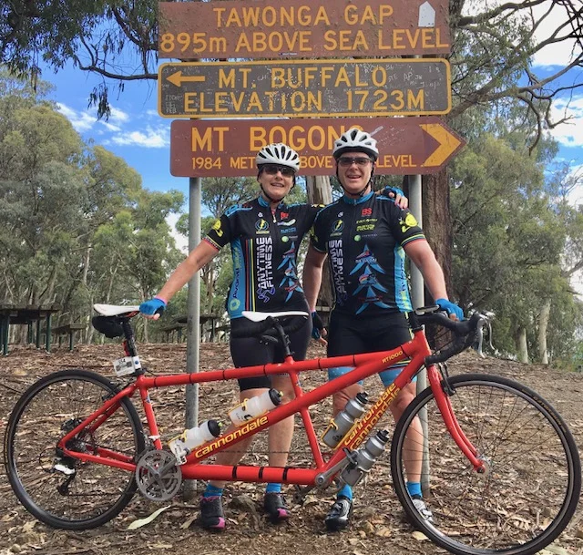 Audax Alpine Classic 18 - Melissa & Peter Budd at the top of Tawonga Gap