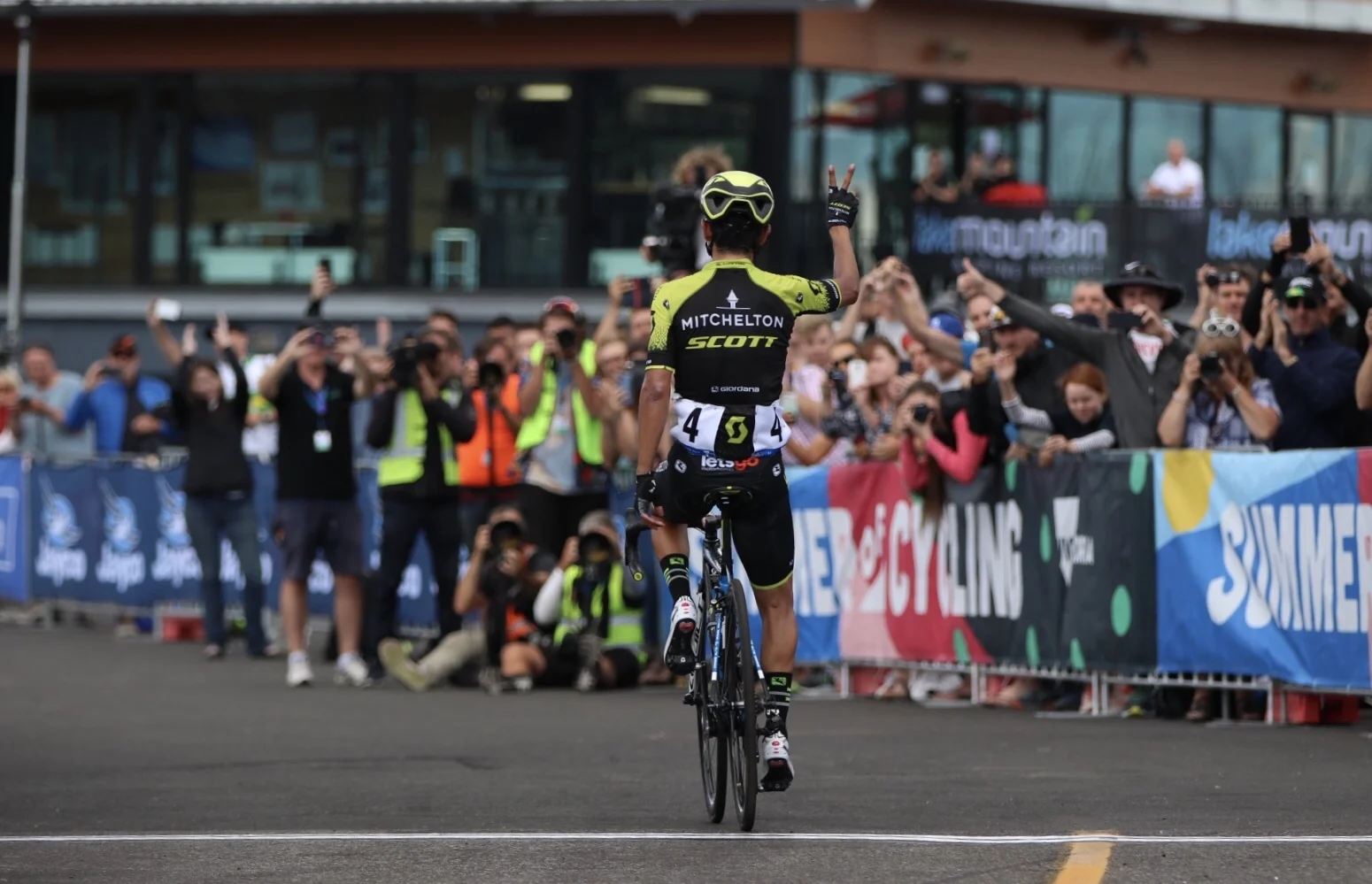 Herald SunTour 18 Stage 3 - Lake Mountain stage finish and Esteban Chaves takes a great win (picture taken from Commissaire 2 convoy vehicle immediately behind Chaves)