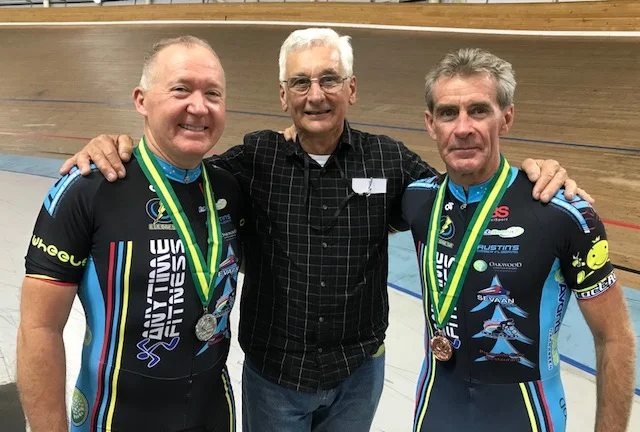 National Masters Track Championships 18 @ Melbourne - Graham Cockerton, John Crouchley (BiciSport Coach) and Mike Lawson. 