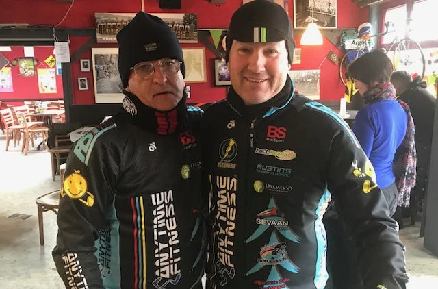 BiciSport in Flanders 18 @ 1 Apr - The Ronde day started with seeing the Women's event depart from the centre of Oudenaarde at 11.00am, then a quick dash to the Koppenberg Cafe at Melden for beer, soup & coffee (in that order). Melden hosted the Ronde Feed Zone after 120k. Left to right - Mike O'Reilly & Mike O'Brien at the Koppenberg Cafe