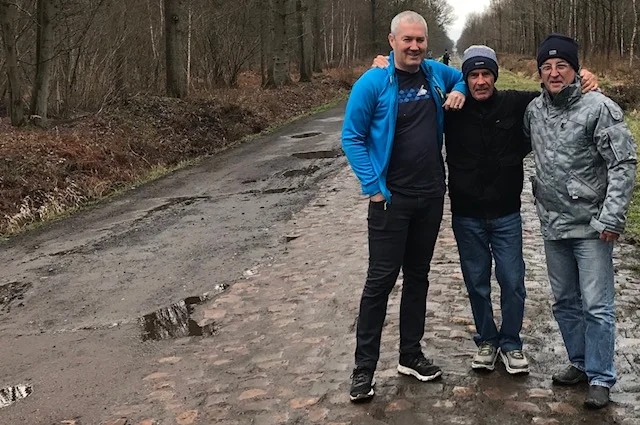 BiciSport in Flanders @ 5 Apr - a visit to the wet & greasy Arenberg Forest cobbles near Wallers where just walking was at times difficult. Mike O'Brien, Mike Lawson & Mike O'Reilly