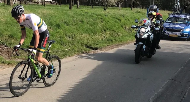 BiciSport in Flanders 18 @ 7 Apr - the Tour of Flanders for Under 23 National Teams is held the weekend after the professional race (and the day before Paris Roubaix). James Whelan (Australia) took a great solo win (above), before the Holleweg cobbles at Oudenaarde. Photo MO'R