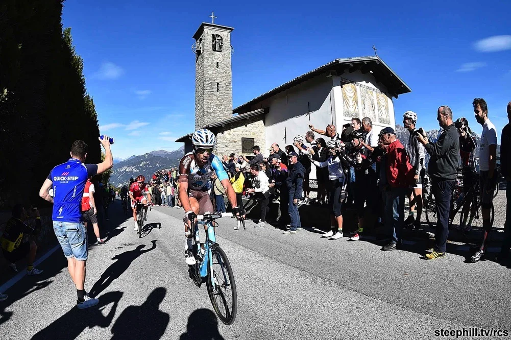 The Church of the Madonna del Ghisallo sits above the village of Bellagio on Lake Como and features in every edition of the Tour of Lombardy professional classic. The church itself is dedicated to those cyclists that are no longer with us. 