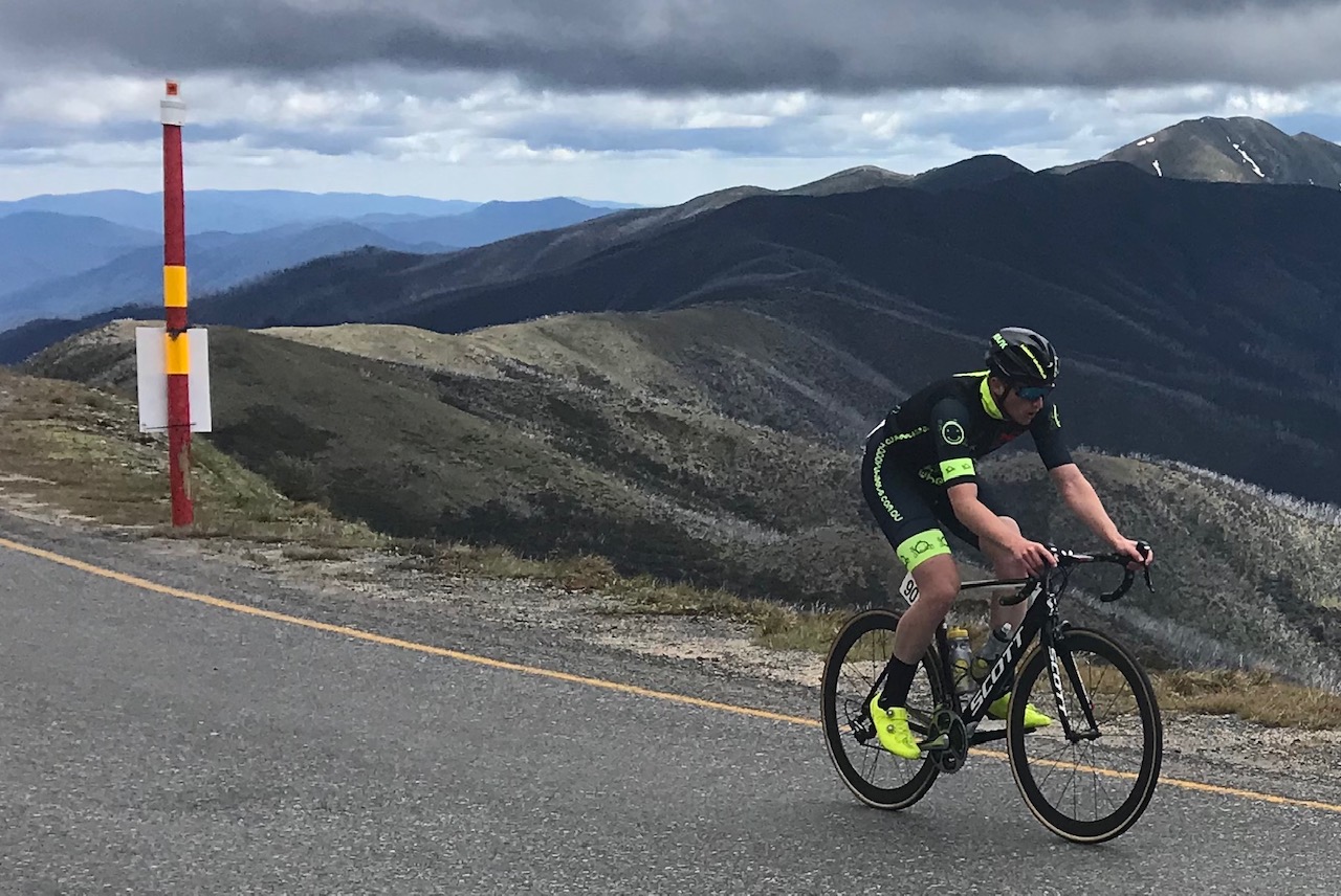 Tour of Bright 18 @ 2 Dec - Conor Tarlington on top of Mount Hotham