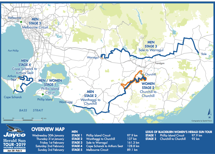 The 2019 Herald Sun Tour this year is based in Gippsland with a start on Phillip Island, with stage finishes at Churchill, Warragul & Arthurs Seat. The final 90k criterium is in central Melbourne. The HST features Ritchie Porte & Team Sky.