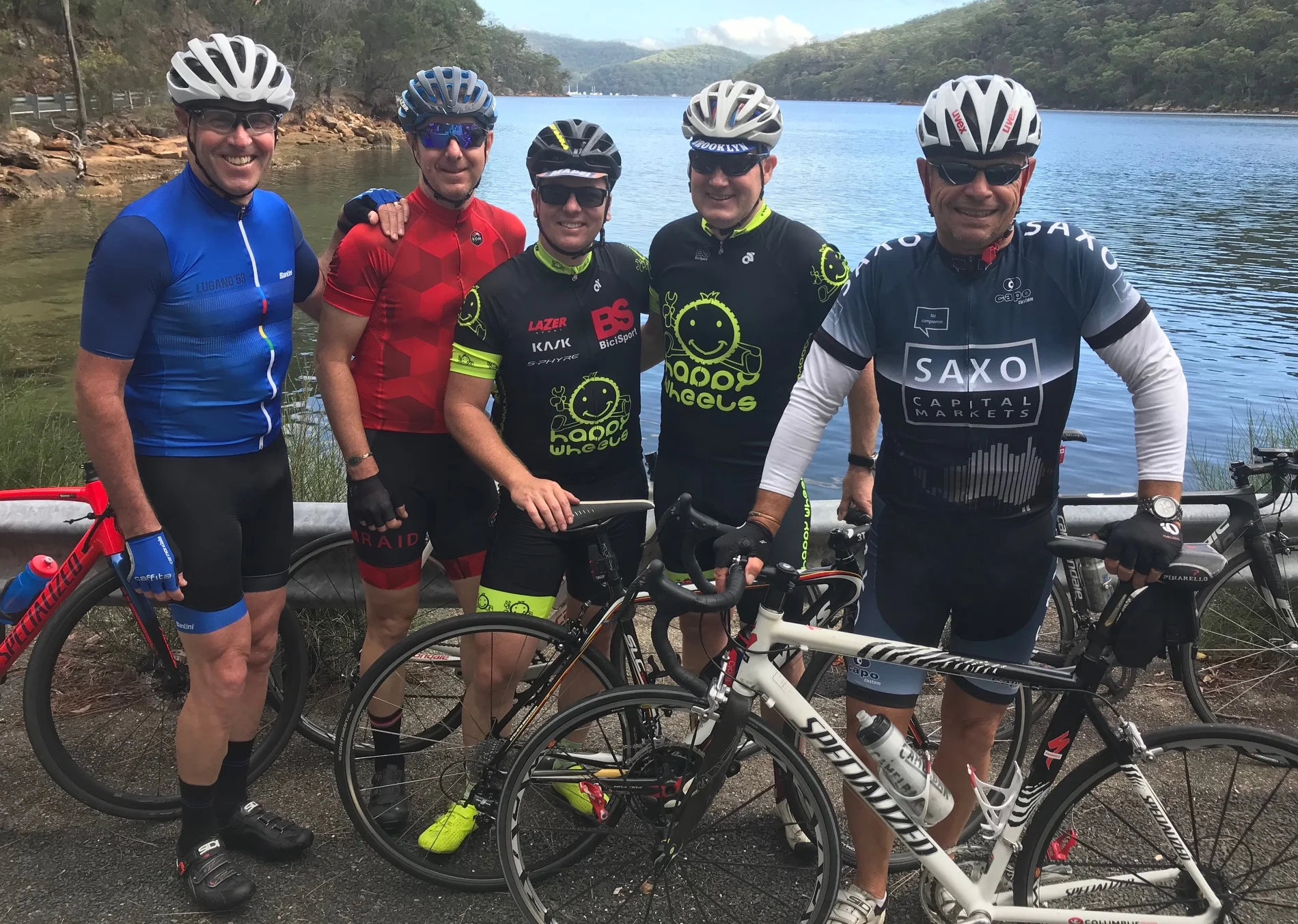 Spotted at Akuna Bay @ 23 Feb - (L to R) … Neil, Andrew ‘Macca’ McLean, Davide Browne, Mike O’Brien & Neil Farquahson. Mike O’Brien being on a brief Aussie sojourn from the UK getting in some secret base training for the upcoming BiciSport Belgian Spring Classics trip with both Mike Lawson & Marty Wright.