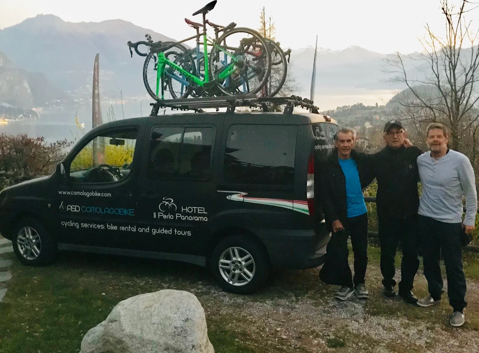 Milan San Remo Ride @ 23 March - 6.00am start from IL Perlo (L to R) - Mike Lawson, Mike O’Reilly, Marty Wright MSR Ride Report @ 23 March An early 6.00am departure out of Bellagio and a 3 hour drive towards Genoa and the Ligurian Coast. Conditions were perfect with 24 degrees forecast and a storming tailwind towards San Remo. The ride started just outside Genoa at the small village of Voltri. The early part of the ride is easy undulating to pan flat on very good roads, with the last 50k (of the 145k total) being the hilly, difficult section. A succession of headlands puts up a few easy climbs to be greeted by stunning views around the next corner. It was of no consequence for Mike O’R who didn’t get past the 30k mark and pulled the pin courtesy of asthma/sinus (2020 it will need to be). Abject disappointment doesn’t quite describe that DNF. Alberto Elli led Mike Lawson & Marty Wright through endless seaside villages towards Savona (more a seaport city than a coastal village), then onto the major climbs (called capo ) of the day - Capo Berta, Capo Cervo, Capo Mele and the Cipressa climb. The Cipressa itself had pinches of 8% so it is a bona fide effort to the summit. A sharp drop off the Cipressa back down to the coastline and all roads lead towards the Poggio. Maurizio (our IL Perlo mechanic/driver) was not allowed to park the Perlo team car on the Poggio climb itself, so we parked up at the bottom of the Poggio (a cafe nearby provided food & coffee AND the priceless television pumping out the race live). The BiciSport group simply pedalled up the Poggio to watch the Classic pass by being the last challenge of MSR 19. Many thanks to IL Perlo at Bellagio for providing a majestic backdrop to all things MSR19. Thank you to Carlo at IL Perlo, Alberto Elli (what a legend & total gentlemen), Como Bikes for providing the two wheel logistics. Can’t wait to do this all again in 2020.