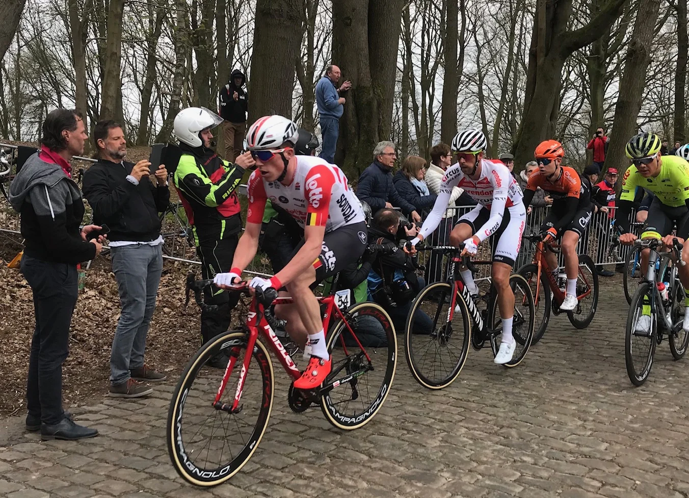 Bruges - De Panne Classic @ 27 Mar - Martin Wright (second from left) at the top of the Kemmelberg climb as the breakaway passes with a 4 minute lead over the main peloton Haaghoek & Molenberg Ride Report @ 27 Mar An earlier start to the day at 8.00am as we needed to be at the Kemmelberg by 1.30pm for the De Panne pro race. The first cobbles of the day was at the Haaghoek, followed by the short Leberg climb (both used in Tour of Flanders pro race on 7 April). A simple wrong turn off the top of the Leberg climb resulted in maybe 1 kilometre of dirt riding which somehow looped us back onto the Haaghoek cobbles again (oops, sorry lads). From there a short run on to the Molenberg cobbled climb towards the Schelde River, then along the Schelde River bike path back into Oudenaarde. Mike Lawson & Marty finished the day with the climb of the Eikenberg cobbles near the Kokerelle B&B. A short drive from Kokerelle B&B to the Kemmelberg climb in West Flanders was rewarded with a beer at the Kemmelberg Hotel (only 1,497 beers to go).
